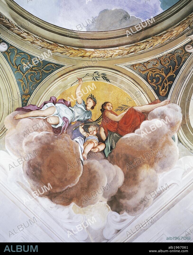 Allegory of Glory, 1708, by Ludovico Dorigny (1654-1742), fresco, ceiling of the East Hall, Villa Manin, Passariano, fraction of Codroipo, Friuli-Venezia Giulia. Italy, 18th century.