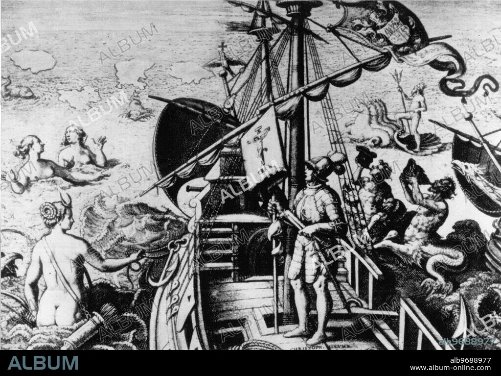 Christopher Columbus : 1451 - 1506 , navigator and explorer best known as the man who discovered America . Here is an allegorial picture of his voyage by Theodore de Bry , Columbus at Sea.