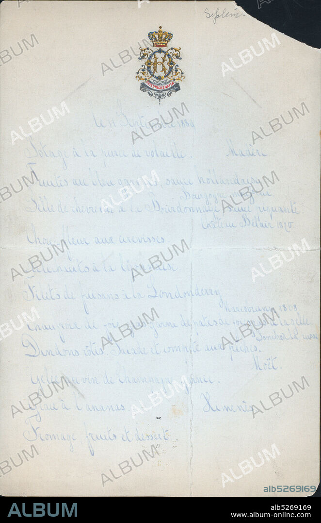 DINNER held by KING KARL AND QUEEN OLGA OF WURTEMBERG at ? (?), still image, Menus, 1880.