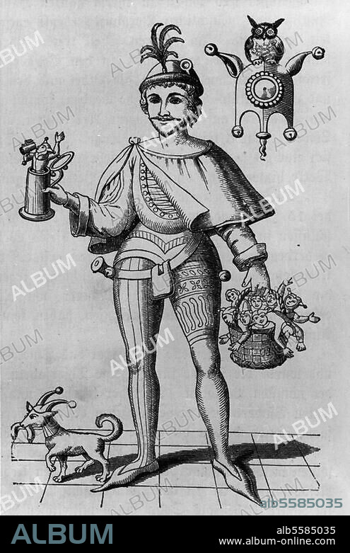 Eulenspiegel, Till; rustic figure (trickster) originating in  German folklore, hero of a book of folk tales, born in Kneitlingen (Germany), died in Mölln (Germany), 1350. The tombstone of Till Eulenspiegel in Mölln. Subsequent drawing, 19th century.
