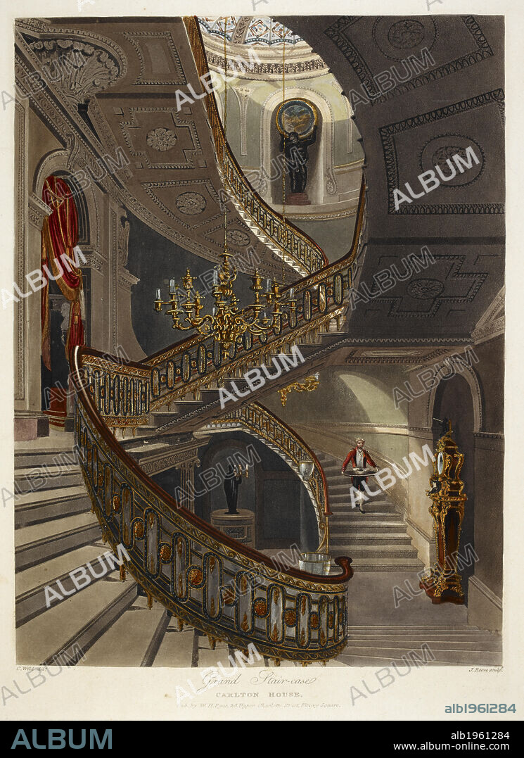 Grand staircase at Carlton house, Colour illustration / plate. Author William Henry Pyne.