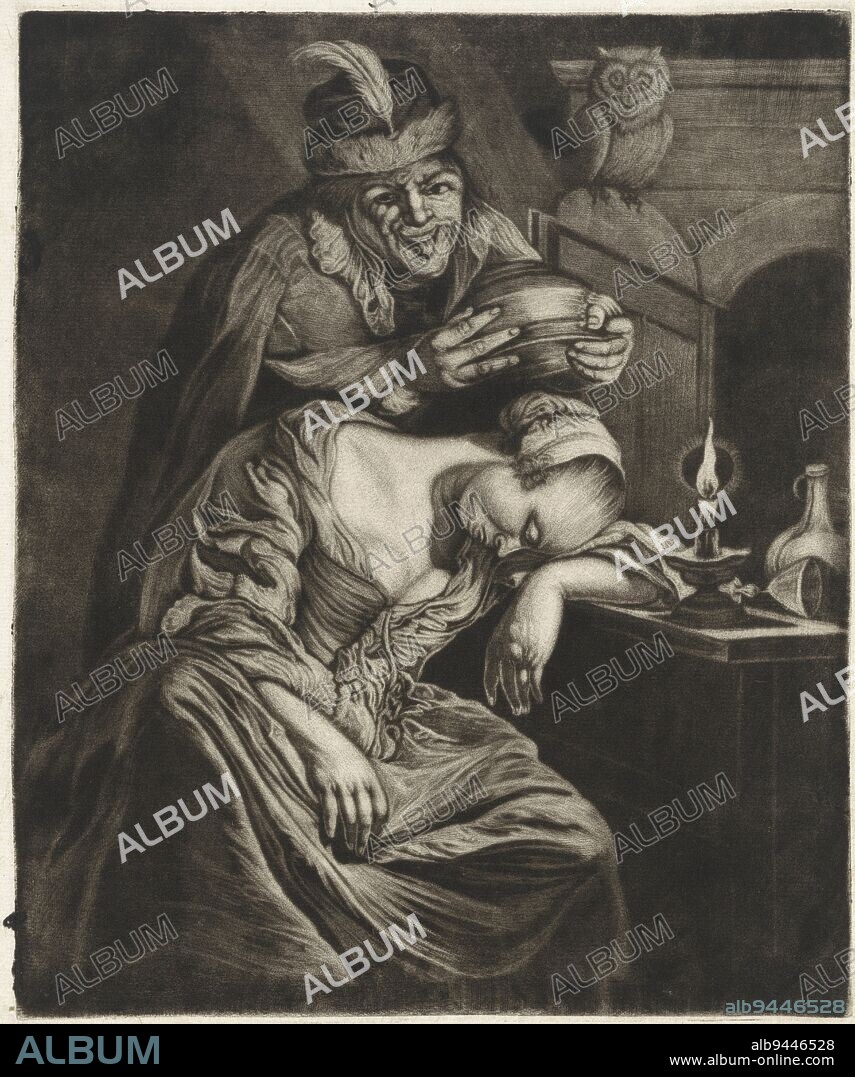 A jester-like figure is about to put a pisspot on a sleeping woman's head. He is sticking out his tongue. On the table, on which the woman has laid her head to rest, lies a toppled wine glass. On the door of the window is an owl. The wine is a mocker, print maker: Jacob Hoolaart, Frans van Mieris, Dordrecht, 1723 - 1789, paper, h 228 mm × w 190 mm.