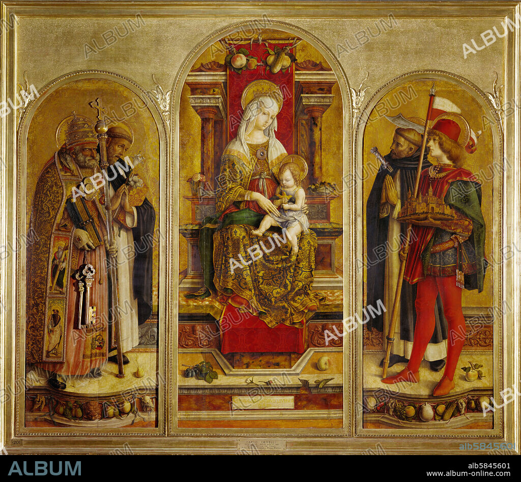 CARLO CRIVELLI (PEINTRE). The Camerino triptych: Virgin and Child, center; Saints Peter and Dominic, left; Saint Peter Martyr and Saint Venantius, right. From the church of San Domenico in Camerino. Tempera, 190 x 78 cm; 170x 60 cm.