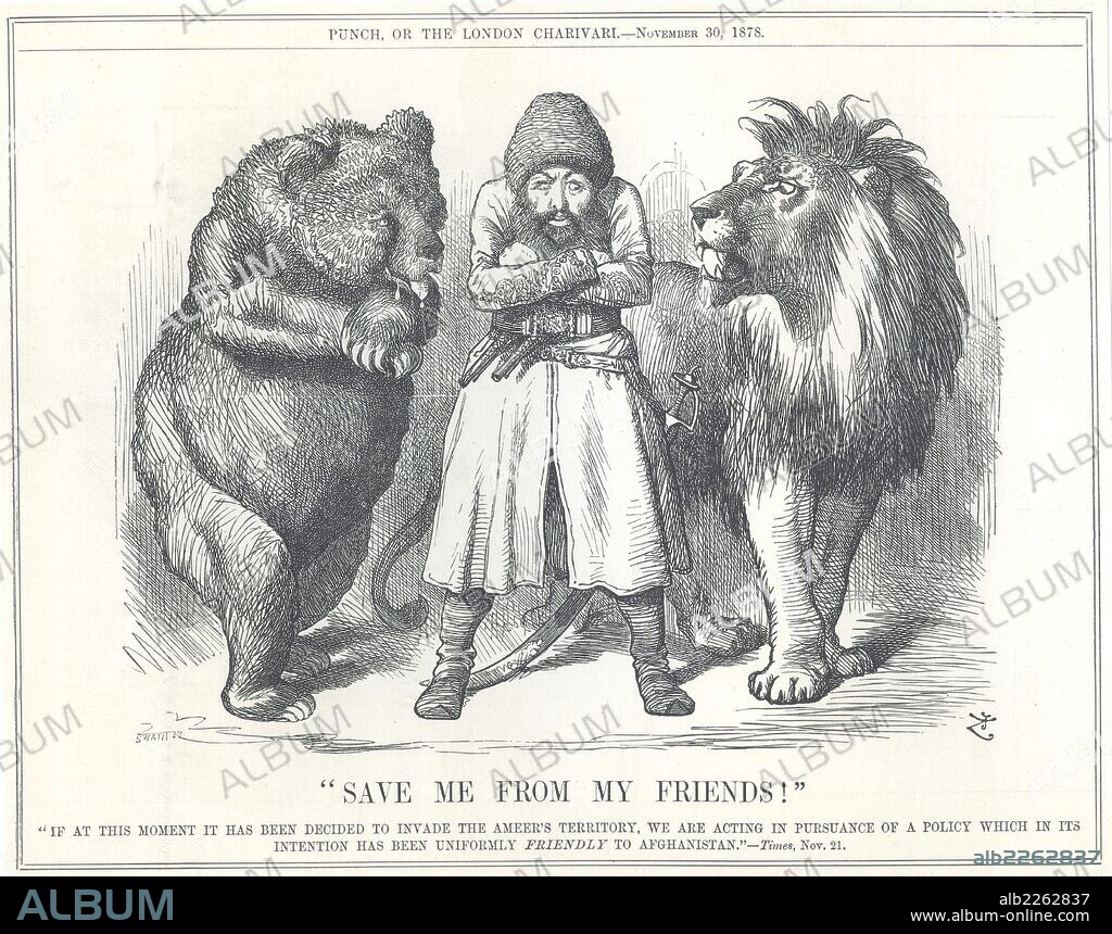 Afghanistan asking to be saved from the colonial ambitions of its "friends", Russia (Bear) and Britain (Lion). Cartoon by John Tenniel from "Punch", London, 30 November 1878.