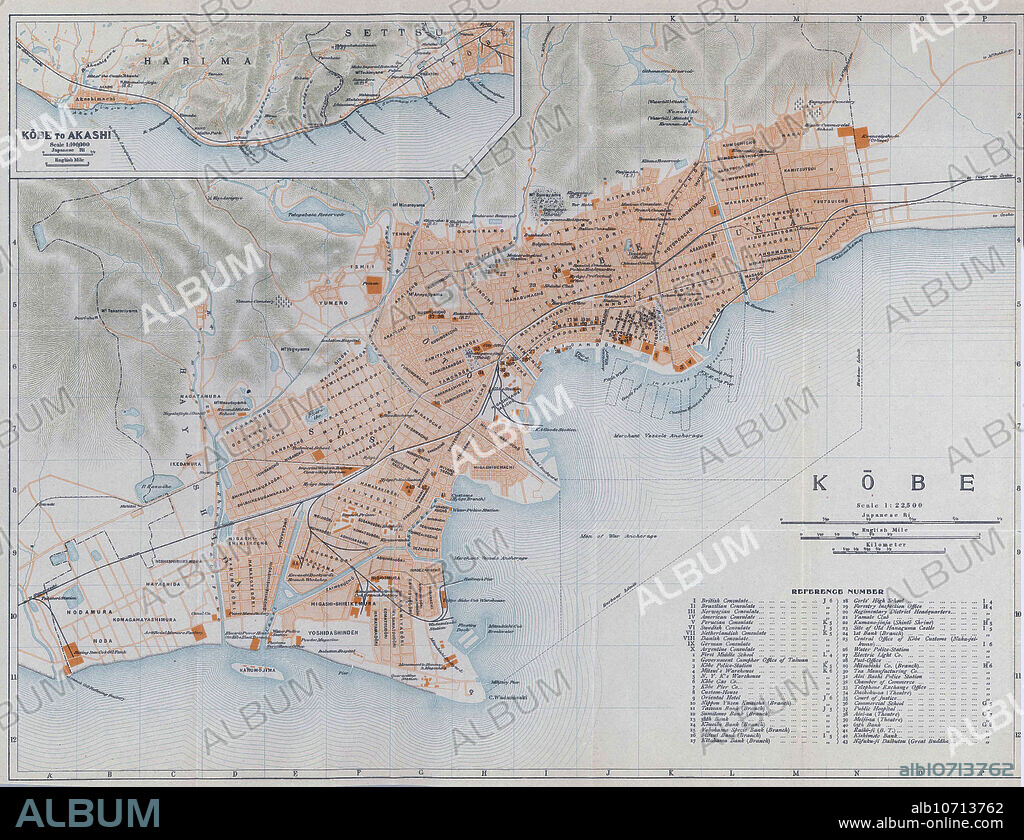 [ 1910s Japan - Map of Kobe, 1914 ] Map of Kobe in Hyogo Prefecture from An Official Guide to Eastern Asia published by The Imperial Japanese Government Railways, 1914. 20th century vintage map.