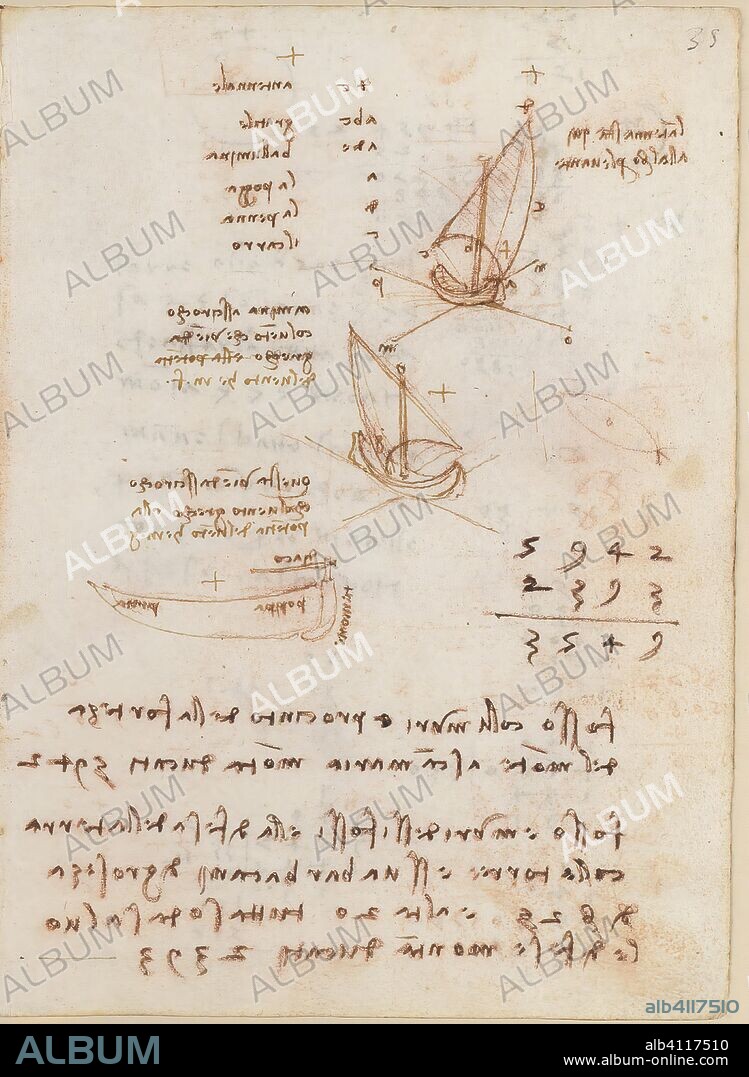 LEONARDO DA VINCI. Folio f 35r. Codex Madrid II (Ms. 8936) "Treaty of fortification, statics and geometry". 158 folios with 316 pages. Internal format: 210 x 145 mm. CIVIL ENGINEERING, CONSTRUCTION. MILITARY ENGINEERING, FORTIFICATIONS. NAVIGATION. OBSERVATION OF NATURE. PRINCIPLES OF MECHANICS, CINEMATICS, DYNAMICS. TOPOGRAPHIC REFERENCES.