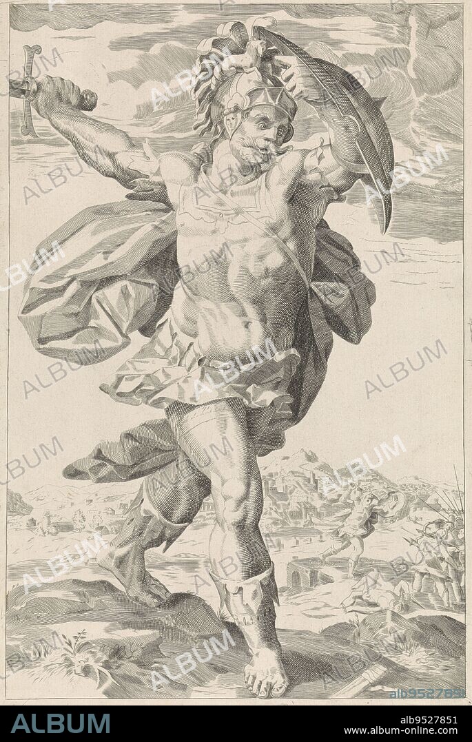 Horatius Cocles, Frederik Nicolaas Horatius Witsen Geysbeek, after Hendrick Goltzius, 1829, The full-length hero Horatius Cocles, a sword raised in the right hand, a shield in the left. In the background, he can be seen taking on an entire army on the banks of the Tiber., print maker: Frederik Nicolaas Horatius Witsen Geysbeek, (signed by artist), Hendrick Goltzius, Amsterdam, May-1829, paper, engraving, w 390 mm × h 260 mm.