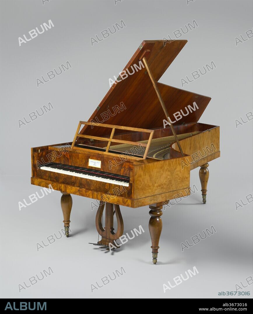 Fortepiano. Culture: Austrian. Dimensions: Width: 49 3/16 in. (125 cm)
Length: 93 1/2 in. (237.5 cm). Maker: Conrad Graf (Austrian, Riedlinger, Wurttemberg 1782-1851 Vienna). Date: ca. 1838.
Conrad Graf (1782-1851), maker of this six and one-half octave piano, was one of the most important fortepiano makers in Vienna between 1822-42. In 1824 Graf was appointed Austrian court keyboard instrument maker and in 1835 received a gold medal at the Austrian Industrial Products Exhibition.  Composers such as Beethoven, Czerny, Schubert, Schumann, Kalkbrenner, Mendelssohn, Chopin, Liszt, and Brahms, as well as the Empress of Russia, the Queen of Saxony, and the Archduke and Archduchess of Austria owned Graf pianos. This instrument was probably made the year before Robert Schumann's Graf piano, a period that includes many of the greatest works of the piano repertoire.
The walnut-veneered, oak case is constructed almost entirely of wood (there is no metal frame, as in the modern piano).  The four pedals control the dampers (allowing tones to be sustained or silenced), two moderators to change the timbre, and a una corda (soft pedal).