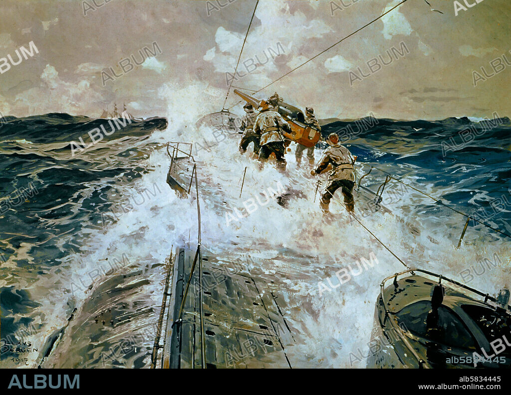 CLAUS BERGEN. The German submarine U 53 sinks a British commercial trawler in the Atlantic, 1917. Watercolour, painted during the mission.