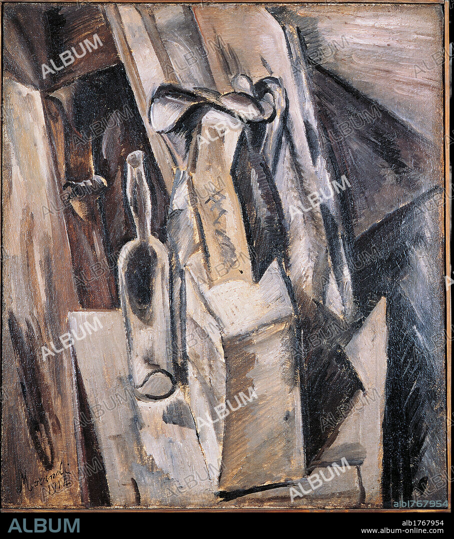 Still life, by Giorgio Morandi, 1914, 20th Century, oil on canvas, cm 73 x 64,5. Italy, Lombardy, Milan, private collection. All. Bottle grey.  Please remember that author's rights have to be cleared for modern and contemporary works of arts.