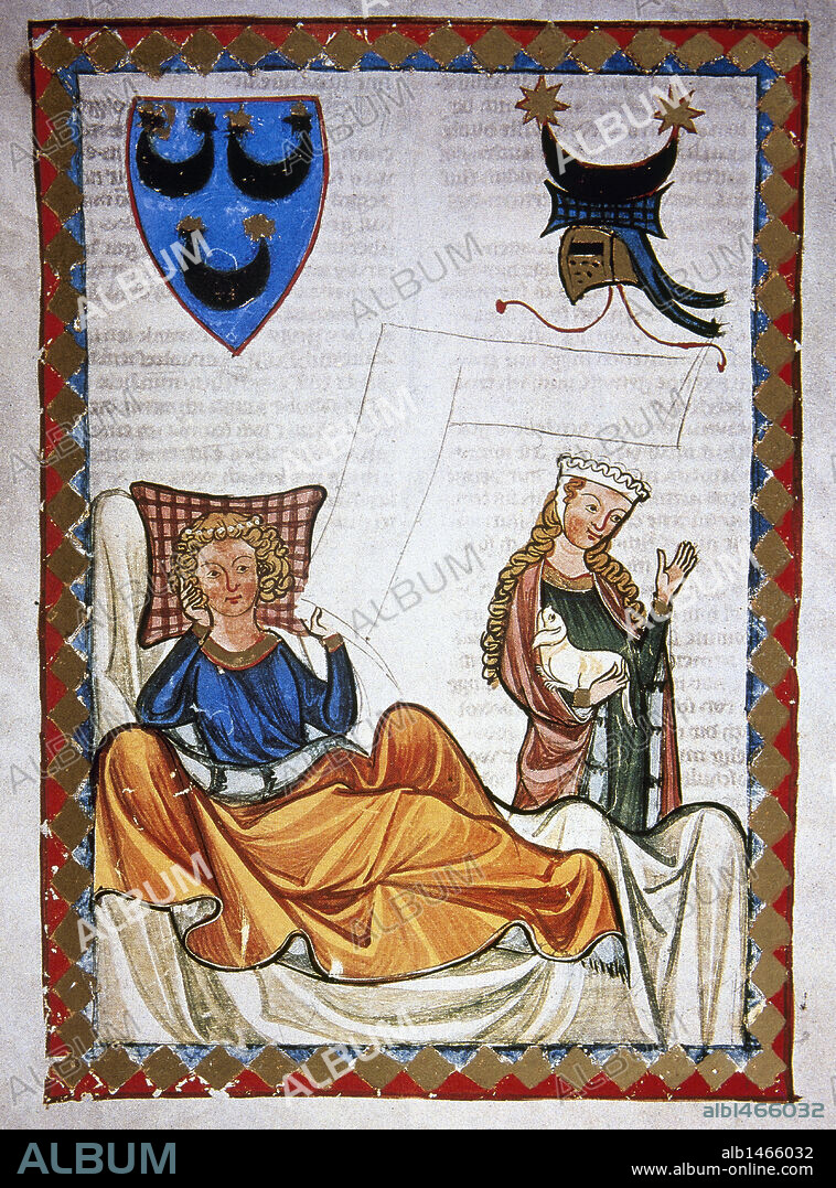 Heinrich Von Morungen (c.1150-1222). German poet. Lovesick poet. Codex Manesse (ca.1300) by Rudiger Manesse and his son Johannes. Miniature. Folio 76v. University of  Heidelberg. Library. Germany.