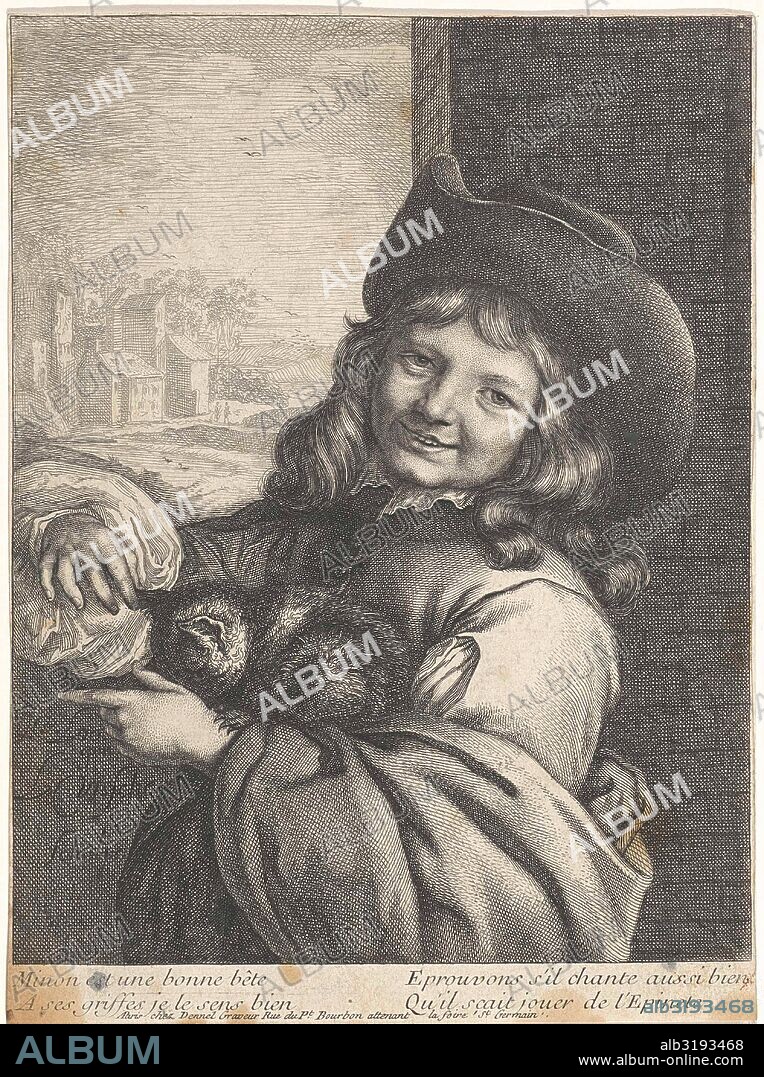 Smiling boy with cat, Lambert Visscher, Antoine François Dennel, 1643 - 1815.