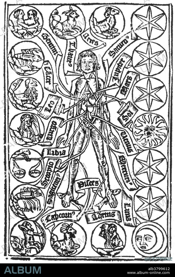 16th century woodcut of Zodiac Man. The figure of a man with the signs of the zodiac connected to their corresponding body parts. The zodiac was thought to exert influence over the body and was therefore consulted for propitious times to apply such remedies as bloodletting. Medical astrology (Iatromathematics) is an ancient medical system that associates various parts of the body, diseases, and drugs as under the influence of the sun, moon, and planets, along with the twelve astrological signs. Each of the astrological signs is associated with different parts of the human body. The underlying basis for medical astrology, astrology itself, is considered to be a pseudoscience or superstition as there is no scientific basis for its core beliefs. Zodiac to body part is as follows: Aries: head, face, brain, eyes, Taurus: throat, neck, thyroid gland, vocal tract, Gemini: arms, lungs, shoulders, hands, nervous system, brain, Cancer: chest, breasts, stomach, alimentary canal, Leo: heart, chest, spine, spinal column, upper back, Virgo: digestive system, intestines, spleen, nervous system, Libra: kidneys, skin, lumbar region, buttocks, Scorpio: reproductive system, sexual organs, bowels, excretory system, Sagittarius: hips, thighs, liver, sciatic nerve, Capricorn: knees, joints, skeletal system, Aquarius: ankles, calves, circulatory system, Pisces: feet, toes, lymphatic system, adipose tissue.
