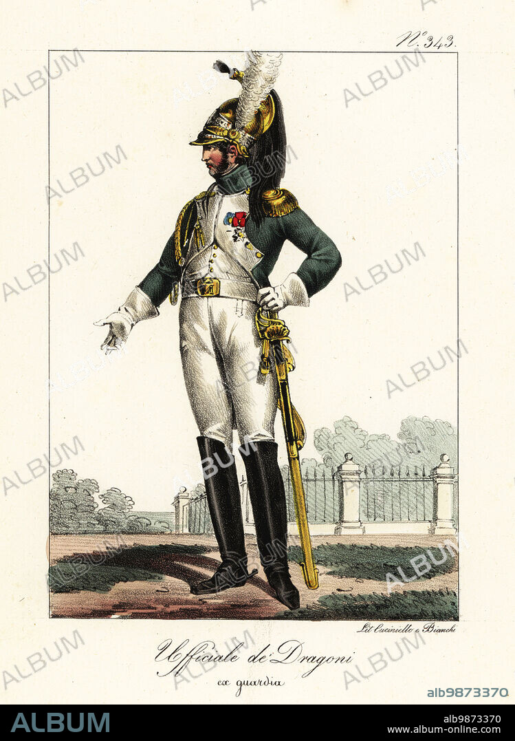 Uniform of an officer of the Dragoons, Napoleonic era. In plumed helmet, green coat with white lapels, gold epaulettes, white breeches, boots, sword. Officier de Dragons, ex-garde. Handcoloured lithograph by Lorenzo Bianchi and Domenico Cuciniello after Hippolyte Lecomte from Costumi civili e militari della monarchia francese dal 1200 al 1820, Naples, 1825. Italian edition of Lecomtes Civilian and military costumes of the French monarchy from 1200 to 1820.