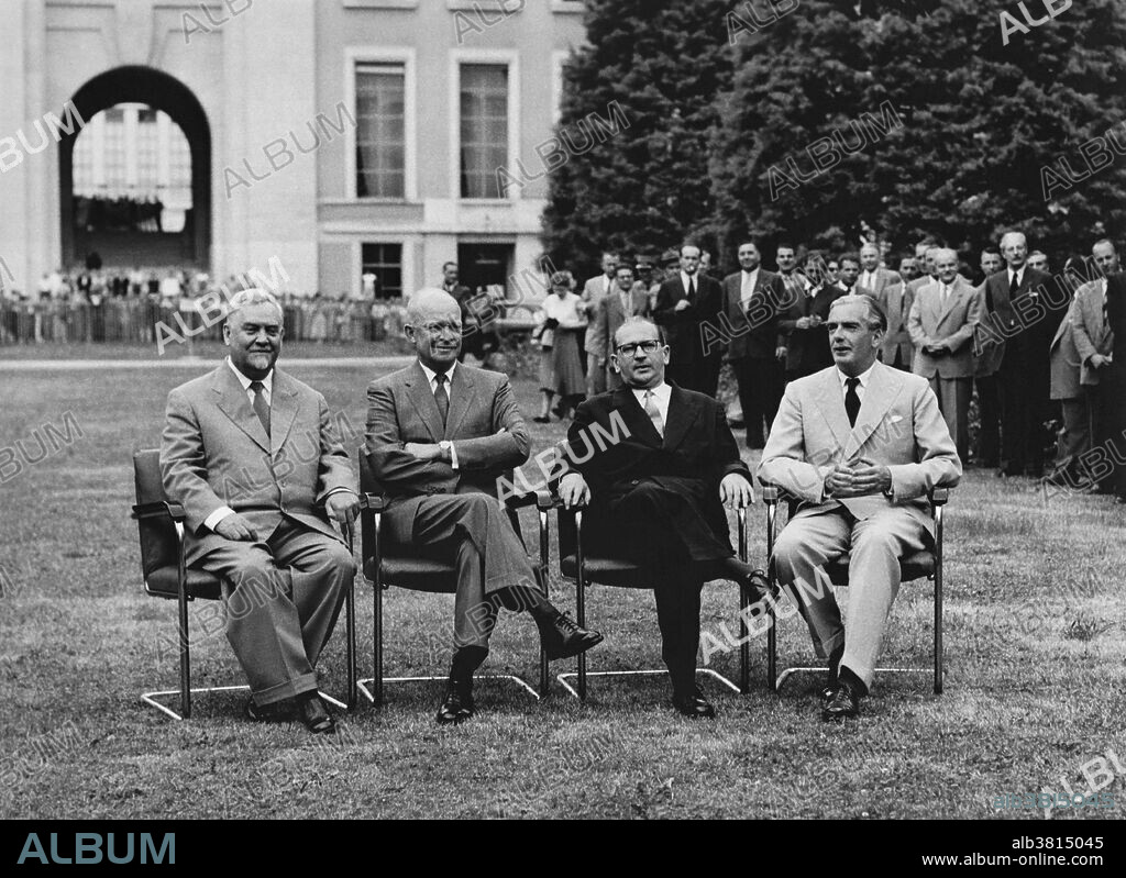 Photograph of the "Big Four," taken at the 1955 Geneva Summit.  From left to right:  Premier Nikolai A. Bulganin (USSR), President Dwight D. Eisenhower (USA), Prime Minister Edgar Faure (France), and Prime Minister Anthony Eden (UK).