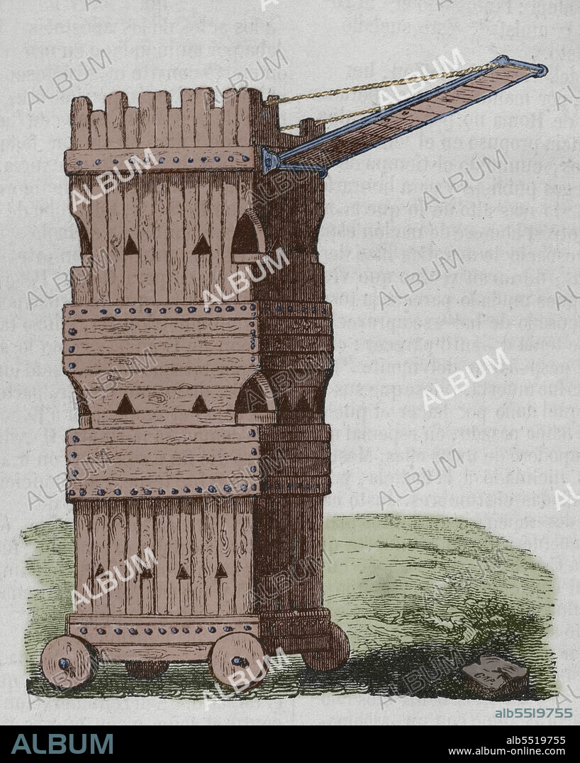 Historia Antigua. Torre de asedio de madera o helépolis. Grabado coloreado. Historia General de España por el Padre Mariana. Madrid, 1852.