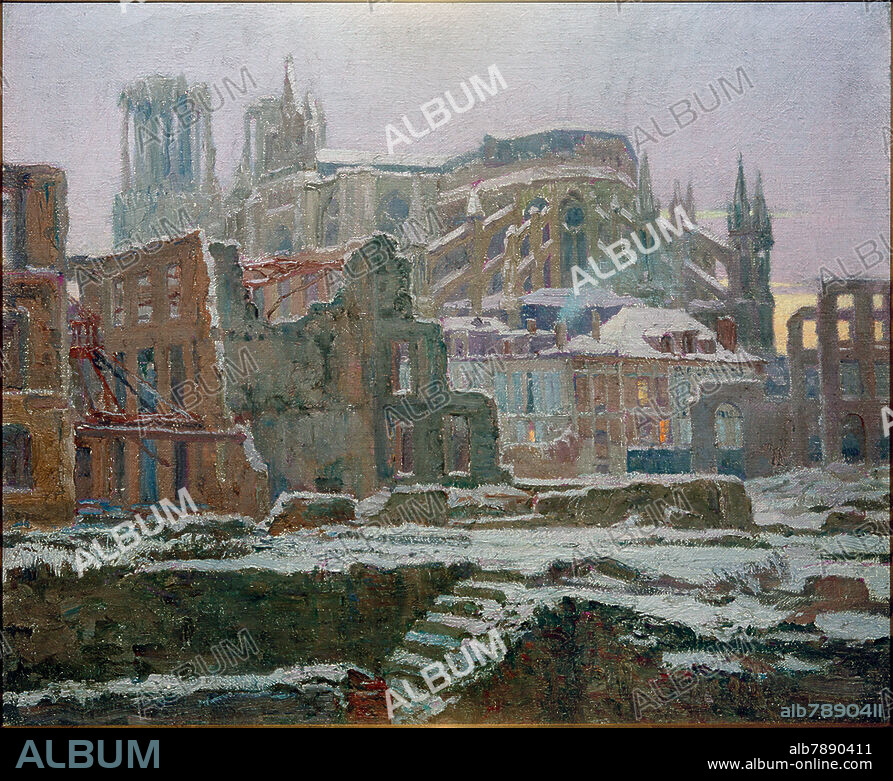 Reims (France, Dep. Marne), Cathedral. - "The apse of the cathedral in the snow". - Painting, ca. 1920, by Paul-Hubert Lepage (1878-1964). Oil on canvas, 50 × 61 cm. Reims, Musée des Beaux-Arts.