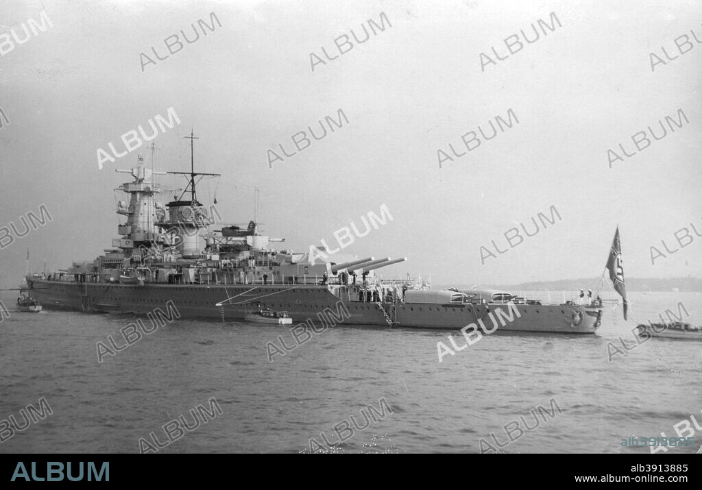 German pocket battleship 'Admiral Graf Spee', 1937. The 'Graf Spee' attending the Fleet Review for the coronation of King George VI at Spithead, Hampshire. Launched in 1934, 'Graf Spee' was deployed in the Atlantic as a commerce raider when the Second World War broke out. After sinking nine Allied merchant ships she was tracked down by three Royal Navy cruisers, HMS 'Exeter', HMS 'Ajax' and HMS 'Achilles'. In the ensuing engagement, the Battle of the River Plate, 'Graf Spee' was damaged and sought refuge in the neutral Uruguayan port of Montevideo. Faced with having to leave within 72 hours and believing a heavier British force was on the way, 'Graf Spee's' captain, Hans Langsdorff, opted to scuttle his ship.