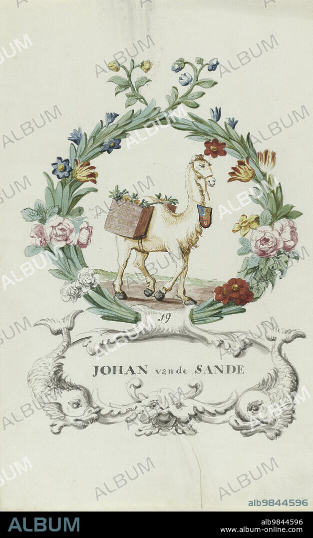 ANON. Cartoon of Johan van de Sande, 1710-1720. Johan van de Sande was a judge of Van Oldenbarnevelt; Camel with baskets with orange apples on the back. On basket text '... for the rights'. In wreath of leaves and flowers. Cartouche with two fish or dolphins. Related to 1618-1619 Trial of Oldenbarnevelt, Grotius and Hogerbeets for treason.