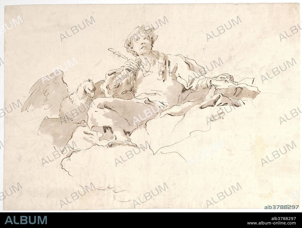 Giambattista Tiepolo / 'San Juan Evangelista'. 1769. Aguada parda, Pluma, Trazos de lápiz sobre papel blanco, 207 x 298 mm.