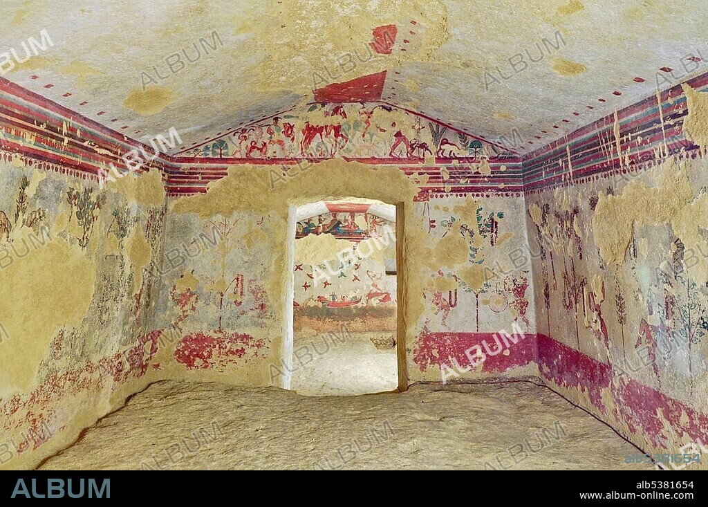 Frescoes, Tomba della Caccia e Pesca, The Tomb of Hunting and Fishing, one of the Etruscan grave chambers of Monterozzi Necropolis, 6th to 2nd century BC, Tarquinia, Lazio, Italy, Europe