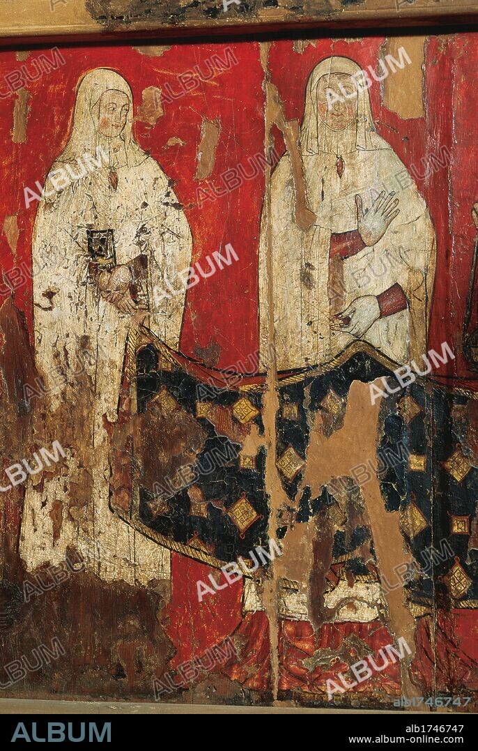 ARTE ROMANICO. ESPAÑA. "SILLA ABACIAL DE SIGENA" (Silla Abacial de la princesa Blanca de Aragón y de Anjou). Pintor anónimo aragonés de la Corte del rey Jaime II. Pintura al temple sobre madera de pino policromada. En el respaldo de la silla, detalle con la Priora atendida por una monja con un libro en la mano. Fechada hacia el 1322. Procede del Monasterio de Santa María de Sigena (Huesca). Aragón. Museo Diocesano de Lleida. Cataluña.