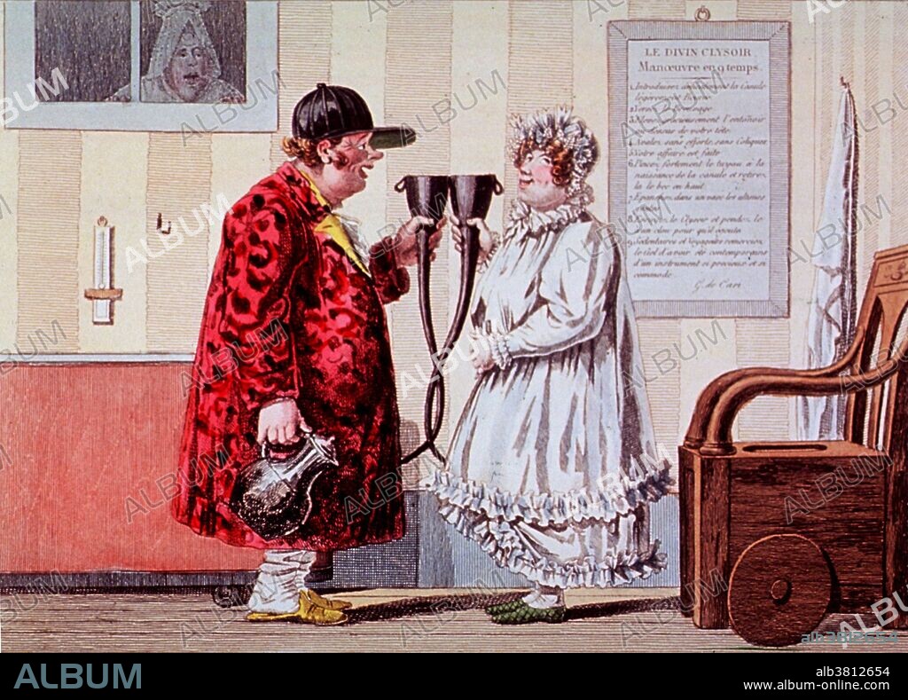 Entitled: "La Ribotte" A man and a woman standing together in nightclothes each holding a long-necked funnel; the man also holds a pitcher; to the right is a wheeled commode. Toilet humor is a type of off-color humor dealing with defecation, urination, and flatulence, and to a lesser extent vomiting and other body functions. Toilet humor is popular among a wide range of ages, but is especially popular with children and teenagers, for whom cultural taboos related to acknowledgement of waste excretion still have a degree of novelty. An enema or clyster, is a fluid injected into the lower bowel by way of the rectum. The most frequent use of an enema is as a cleansing enema (also called a soapsuds enema) which is given to relieve constipation or for bowel cleansing before a medical examination or procedure. Lithograph by Gaudissart, 19th century.