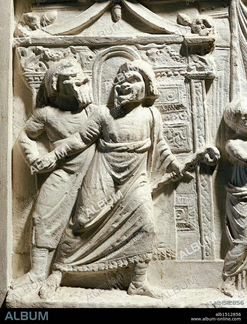 Roman civilization, 2nd century b.C. Relief depicting a scene from the comedy Andria (The Girl from Andros) by Terence (Publius Terentius Afer, 185 b.C.-159 b.C.). Detail.