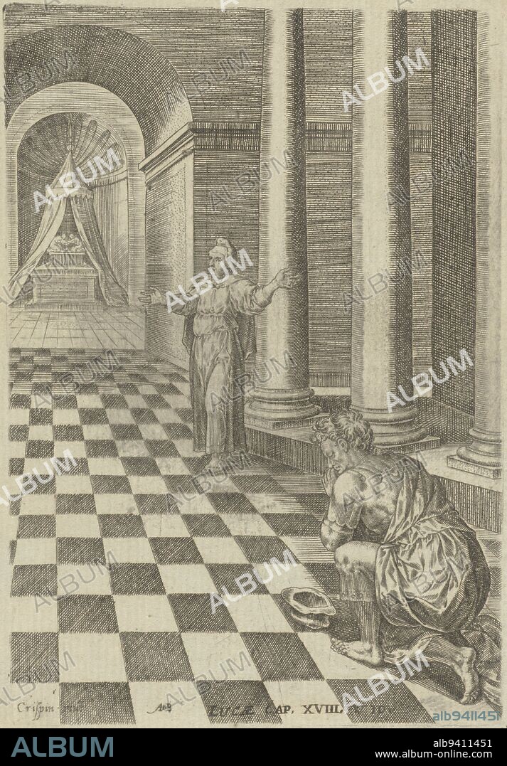Book illustration of the parable of the tax collector and the Pharisee (Luke 18:9-14). A tax collector and a Pharisee pray together in the temple. The Pharisee does not kneel out of humility and considers himself better than everyone else. He thanks God for this good fortune. The tax collector knows he is sinful and while kneeling begs forgiveness. Because of this humility, the tax collector is most righteous. The print includes a caption with a reference to the accompanying Bible passage, Parable of the Tax collector and the Pharisee Scenes from the Bible Biblia sacra , print maker: Abraham de Bruyn, (mentioned on object), Crispijn van den Broeck, (mentioned on object), Christoffel Plantijn, Antwerp, 1583, paper, engraving, h 162 mm × w 112 mm.