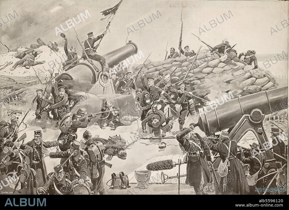 Deutsch-dänischer Krieg 1864:. - Erstürmung der Düppeler Schanzen bei Sonderburg (Dänemark) durch preußische Truppen am 18. April 1864. - Zeichnung von A. Wald.