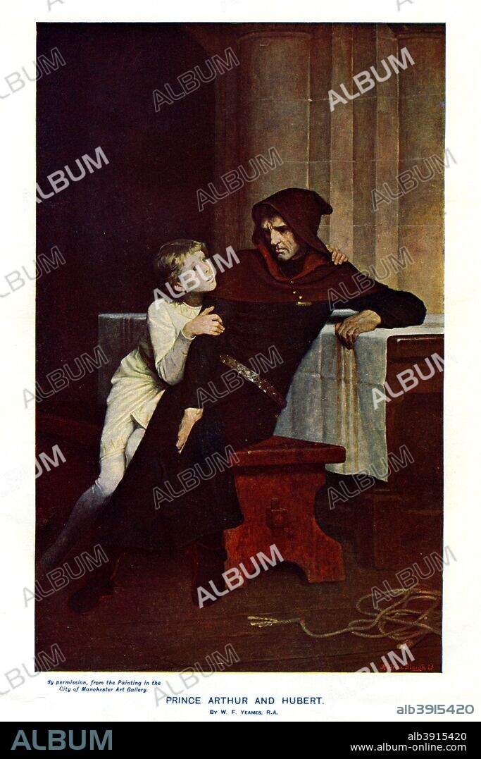 'Prince Arthur and Hubert', 19th century. Characters from the William Shakespeare play, 'The Life and Death of King John', set during the reign of King John of England (1199-1216). Here is a depiction of act 4, scene 1: Arthur, Duke of Britain, nephew to the King, with Hubert de Burgh.