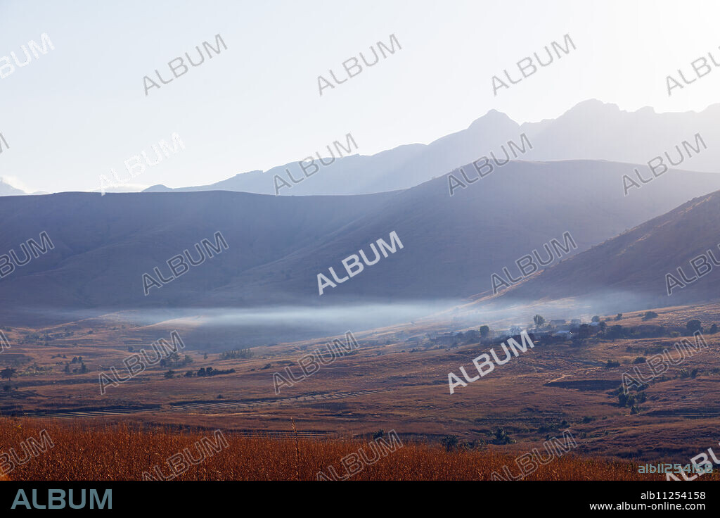 Early morning mist, Tsaranoro Valley, Ambalavao, central area, Madagascar, Africa.