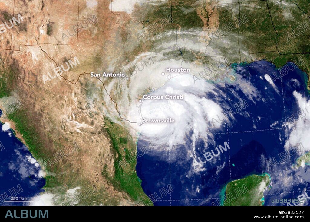 This satellite image shows Hurricane Harvey making landfall on the Texas coast on August 25, 2017. The eye of the storm is seen heading north, past Brownsville.