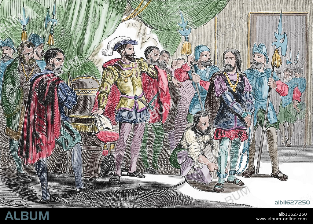 Francisco de Bobadilla (m. 1502)arriving as Governor and arresting Christopher Columbus (1451-1506) in Hispaniola, 1500. Antilles. Engraving by Encyclopedia of United States History, 1912. Later colouration.