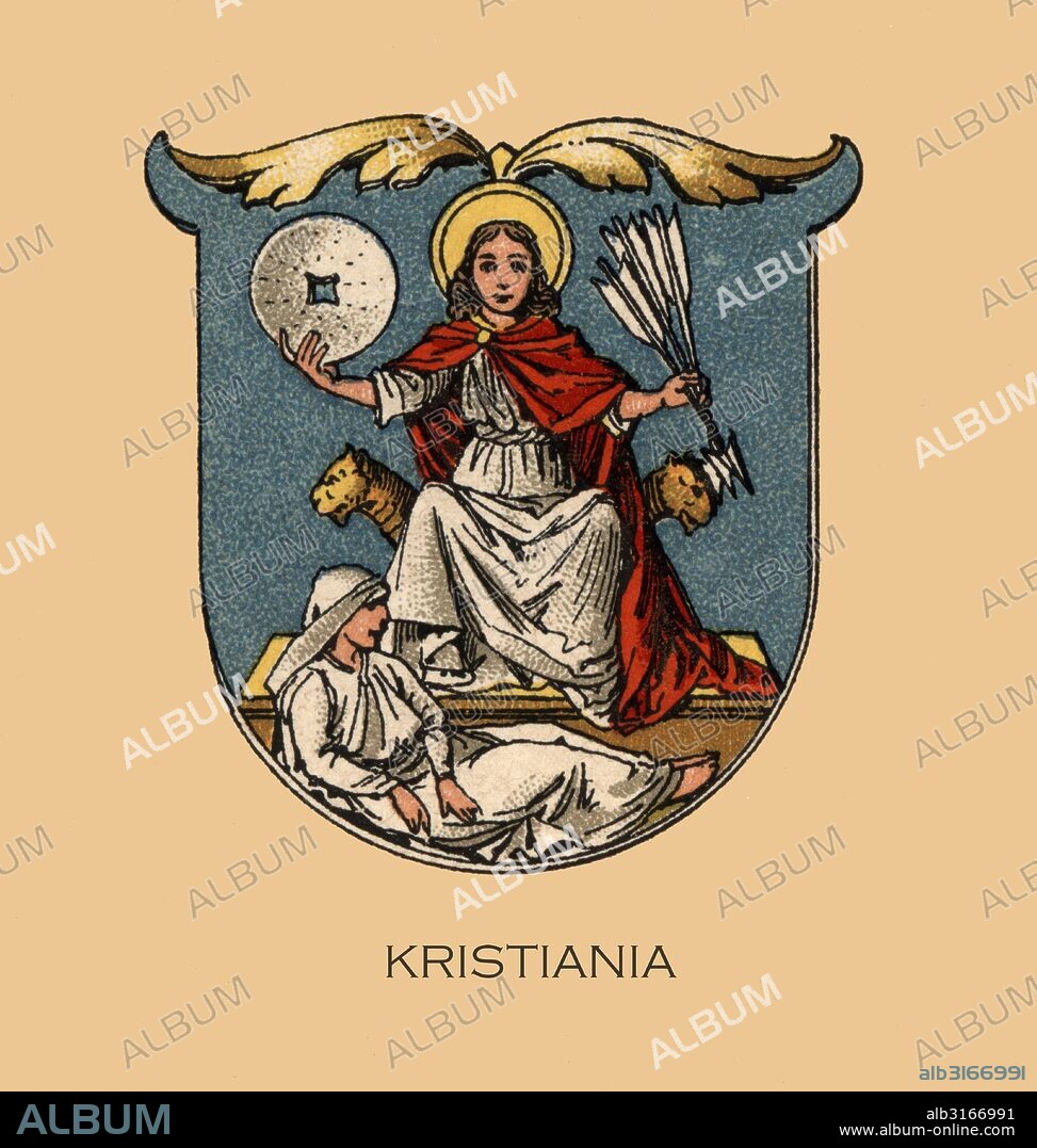 Europa. Escudo heráldico de la ciudad de Kristiania, Oslo, Noruega. Grabado de 1870.