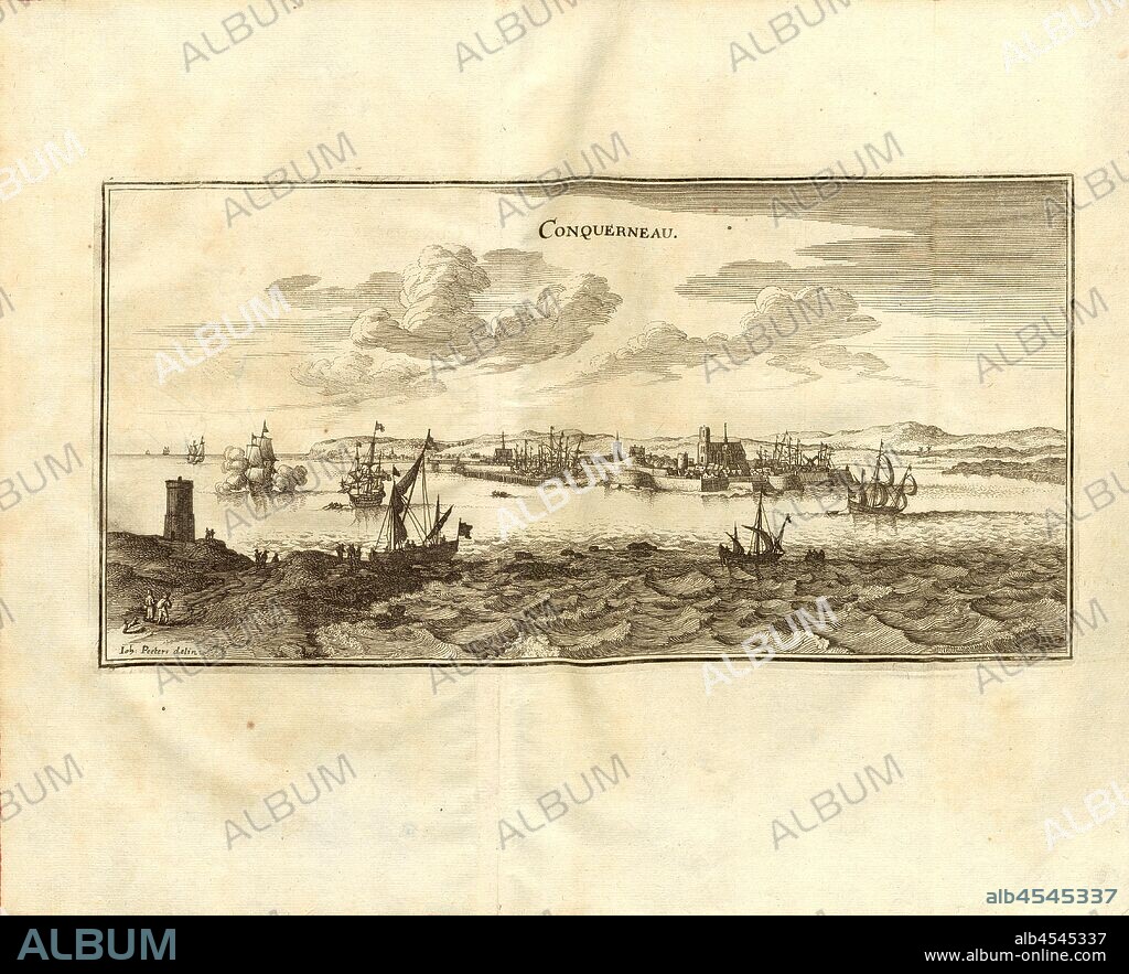 Conquerneau, Concarneau in Brittany in France, signed: Ioh., Peeteri delin, Fig. 5, ninth part, after p. 16, Peeters; Johann (del.), Martin Zeiller: Topographia Galliae, oder, Beschreibung und Contrafaitung der vornehmbsten und bekantisten Oerter in dem mächtigen und grossen Königreich Franckreich: beedes auss eygner Erfahrung und den besten und berühmbtesten Scribenten so in underschiedlichen Spraachen davon aussgangen seyn auch auss erlangten Bericht- und Relationen von etlichen Jahren hero zusammengetragen in richtige Ordnung gebracht und auff begehren zum Druck verfertiget. Bd. 4. Frankfurt am Mayn: Im Verlag Caspar Merians, M DC LXI [1661].