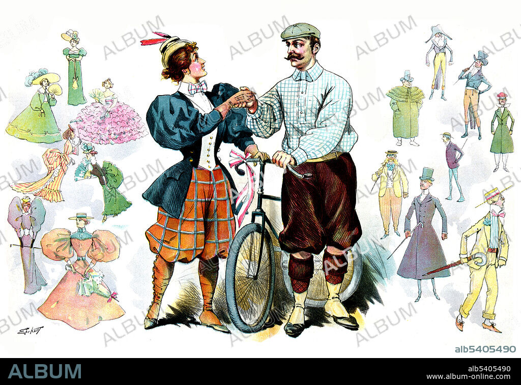 The bicycle - the great dress reformer of the nineteenth century! A man and woman wearing knickers and bloomers, standing with a bicycle between them, shaking hands; to the right and left are examples of 19th century fashion. Chromolithograph by Samuel D. Ehrhart for Puck Magazine, August 7, 1895 (cropped and cleaned).