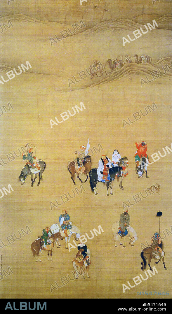Chinese scroll painting from 1280 by Liu Kuan-tao showing a camel caravan carrying carpets in the background with the Mongol emperor Kublai Khan hunting in foreground; note hunting cheetah on back of saddle.