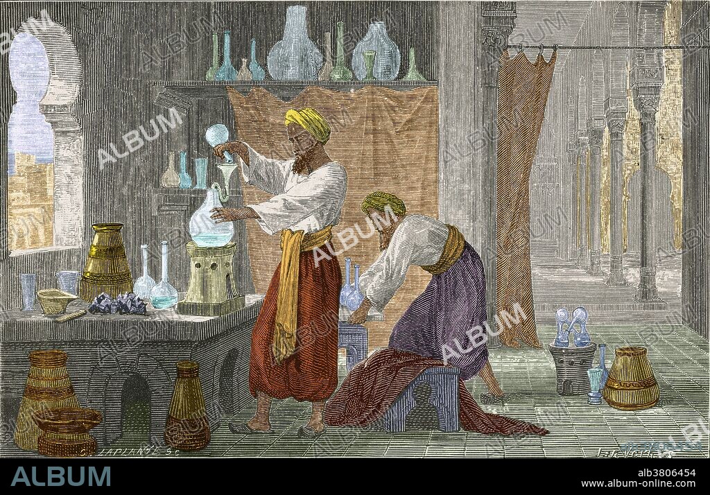 Muhammad ibn Zakariya al-Razi (865-925 AD) was a Persian polymath. A prominent figure in the Islamic Golden Age, physician, alchemist, chemist, philosopher and scholar. He made fundamental and enduring contributions to the fields of medicine, alchemy, music, and philosophy, recorded in over 200 books and articles in various fields of science. He was well-versed in Persian, Greek and Indian medical knowledge and made numerous advances in medicine through own observations and discoveries. He was an early proponent of experimental medicine and has been described as the father of pediatrics for writing, The Diseases of Children, the first book to deal with pediatrics as an independent field of medicine. He became chief physician of Rey and Baghdad hospitals. His development of apparatus such as mortars, flasks, spatulas and phials, which were used in pharmacies until the early 20th century. An eye affliction started with cataracts and ended in total blindness. He refused to be treated and told a student he would die soon. He died several days later at the age of 60. Illustration from Vies Des Savants Illustrates, Savants Du Moyen-Age by Louis Figuier, 1883.