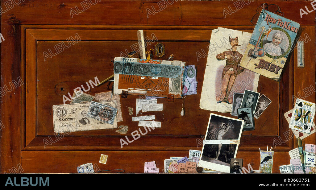 A Bachelor's Drawer. Artist: John Haberle (1856-1933). Dimensions: 20 x 36 in. (50.8 x 91.4 cm). Date: 1890-94.
Typical of Haberle's work in its subject, composition, and humor, this is also the last of his successful trompe-l'oeil (French for "fool the eye") still lifes. Arranged against a simulated drawer front and rendered with incredible precision are the souvenirs of a bachelor's freedom, including theater stubs, playing cards, and "girlie" photographs. Other items--including a pamphlet entitled "How To Name the Baby" and a cartoon of a dyspeptic infant--signal the end of bachelorhood. Haberle's self-portrait, in a simulated tintype at the bottom edge of the canvas, suggests that the work may have been autobiographical.