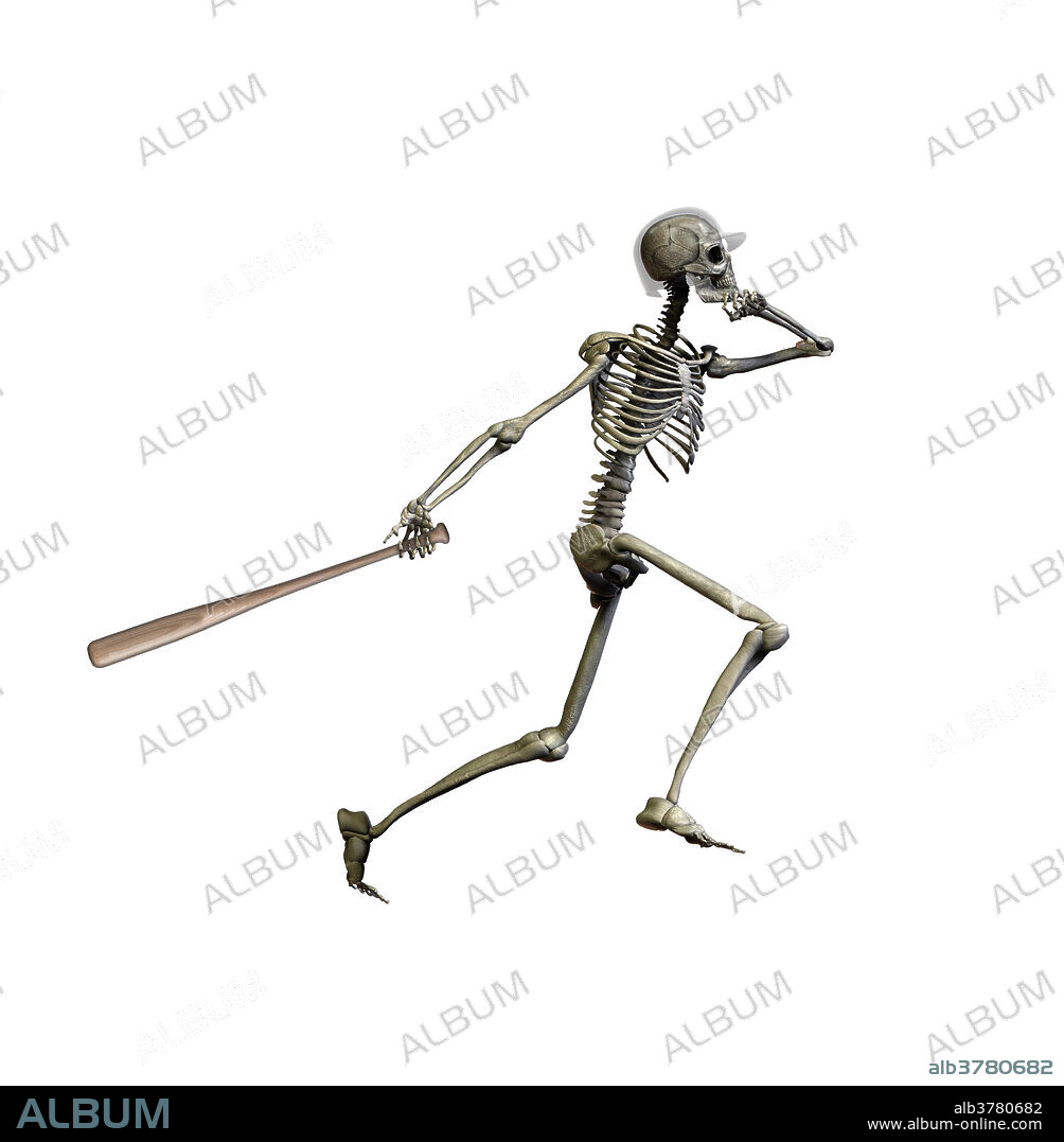 Baseball player's skeleton completing swing after hitting a home run. Illustration.