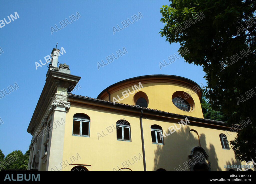 Mombello, Limbiate, Lombardy, Italy. Oratory of St. Francis (Oratorio di San Francesco), next to the Villa Pusterla Crivelli, is an important work by Francesco Croce, architect of the major spire of Milan Cathedral. Here, on June 14, 1797, the sisters of Napoleon Bonaparte Paolina and Elisa were married. The facade is being restored with scaffolding.