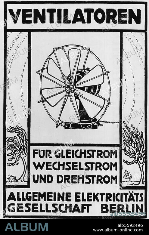 ANONYM. Technik / Ventilator. "Ventilatoren für Gleichstrom, Wechselstrom und Drehstrom". Zeitschriftenwerbung der Allgemeinen Electricitätsgesellschaft Berlin. Aus: Deutscher Buch- und Steindrucker, Buchgewerbliche Monatsschrift, 13. Jg., Berlin, 1907.