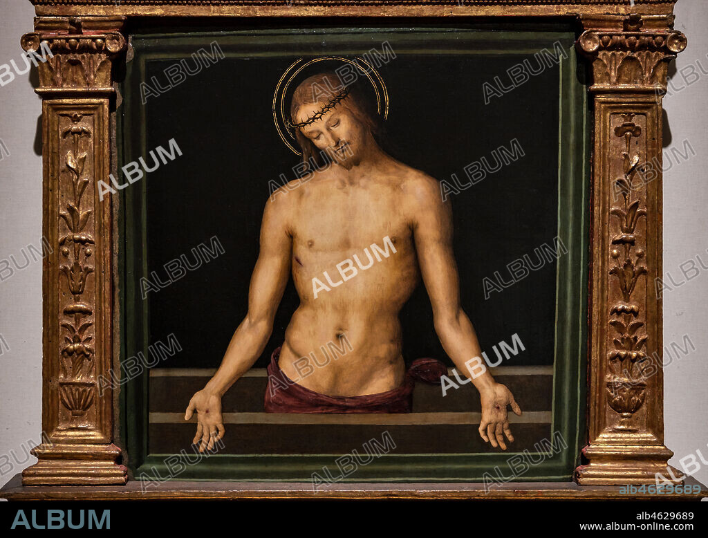 Perugia, National Gallery of Umbria: Christ in piety, cymatium of the Altarpiece of the Decemviri, 1495, by Pietro di Cristoforo Vannucci, known as Perugino. Tempera on panel.