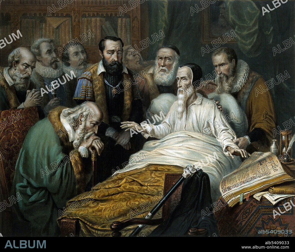 John Calvin on his deathbed, with members of the Church in attendance John Calvin (Jean Cauvin) (July 10, 1509 - May 27, 1564) was an influential French theologian and pastor during the Protestant Reformation and the principal figure in the development of the system of Christian theology later called Calvinism. Originally trained as a humanist lawyer, he broke from the Roman Catholic Church around 1530. After religious tensions provoked a violent uprising against Protestants in France, Calvin fled to Basel, Switzerland, where he published the first edition of his seminal work Institutes of the Christian Religion in 1536. Calvin was influenced by the Augustinian tradition, which led him to expound the doctrine of predestination and the absolute sovereignty of God in salvation of the human soul from death and eternal damnation. Calvin's writing provided the seeds for the branch of theology that bears his name. The Reformed and Presbyterian churches, which look to Calvin as a chief expositor of their beliefs, have spread throughout the world. Lithograph by W.L. Walton after Oakley, 1865.