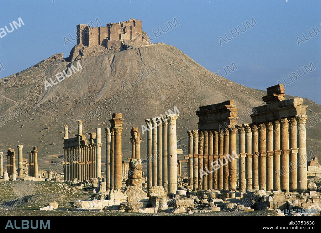 Grand colonnade and the Arab castle, Palmyra, UNESCO World Heritage Site, Syria, Middle East.