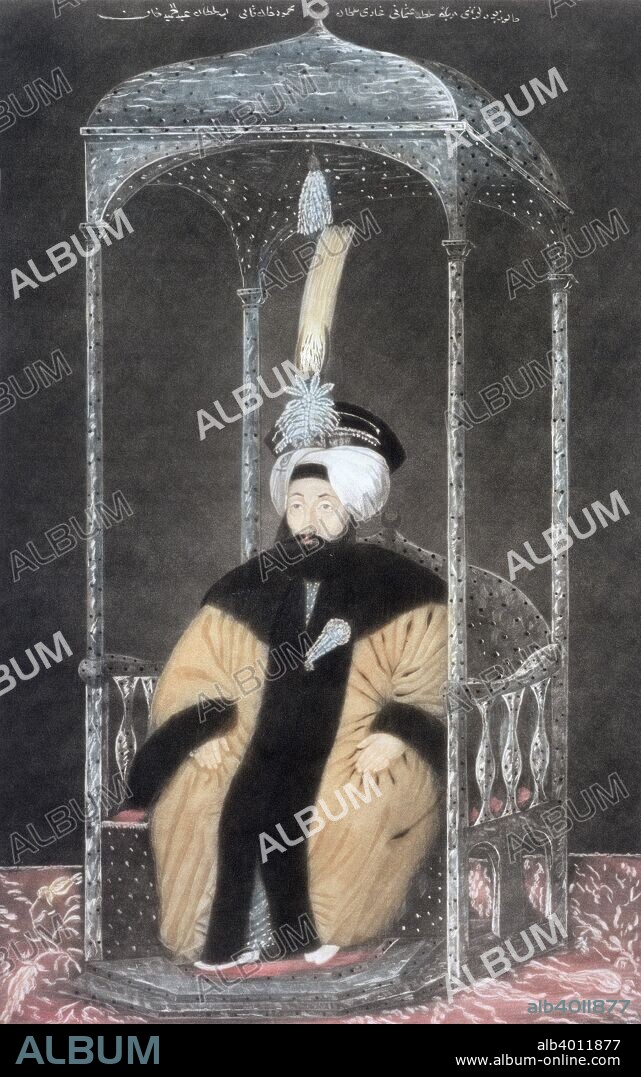 Mahmud II, Ottoman Emperor, 1808. Mahmud (1785-1839) became Sultan in 1808 after the overthrow of Mustafa IV. His reign saw a resumption of the programme of westernising reform begun by his cousin Selim III but interrupted when a conservative coup led to him being replaced by Mustafa. From A series of Portraits of the Emperors of Turkey, 1808.