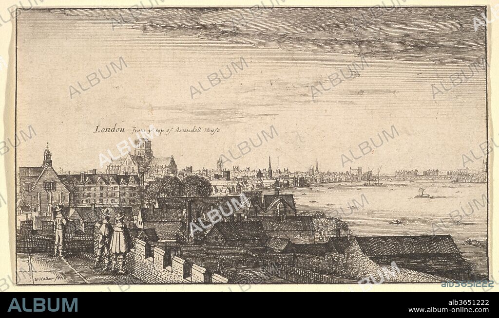 London from Arundel House. Artist: Wenceslaus Hollar (Bohemian, Prague 1607-1677 London). Dimensions: Sheet (trimmed to picture line): 3 1/16 × 5 1/4 in. (7.8 × 13.3 cm)
cut to the borderline. Series/Portfolio: Prospectus aliquot locorum in diversis Provincis.... Date: 1643.
Three men wearing broad-brimmed hats, one wearing cloak, standing on top of the battlemented roof of Arundel House, see from behind; St Paul's and the buildings of the Temple seen in distance among roofs, with boats in the Thames on the right.