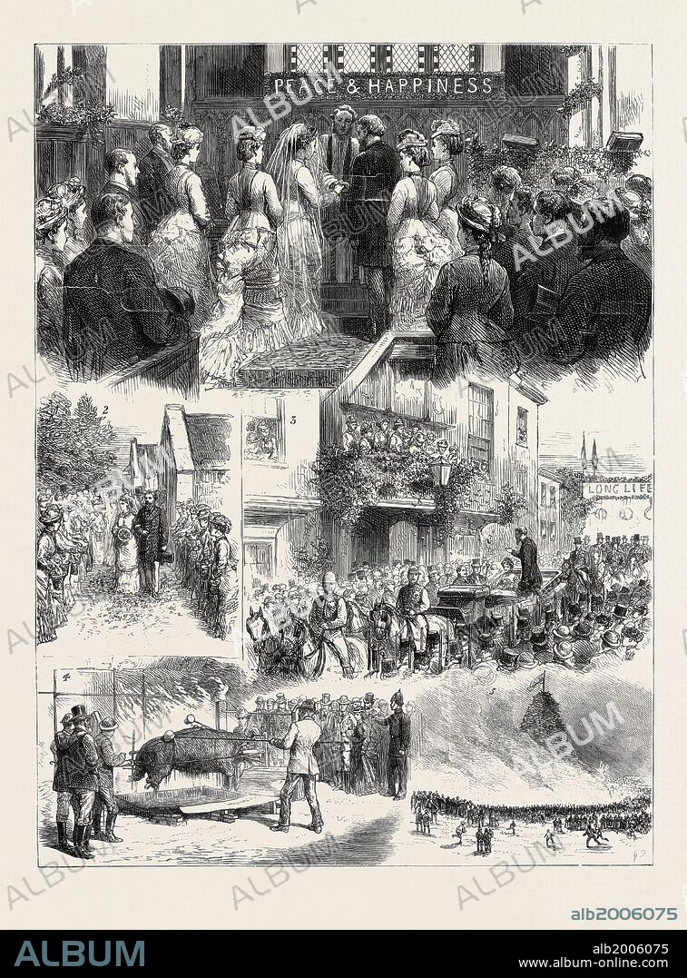 MARRIAGE IN HIGH LIFE, THE WEDDING OF LADY THEODORA GROSVENOR AND MR. T. MERTHYR GUEST: 1. The Ceremony in Motcombe Parish Church; 2. A Path of Flowers; 3. The Bride and Bridegroom at the Grosvenor Arms, Shaftesbury; 4. Roasting the Ox in the Market Place Shaftesbury; 5. The Monster Bonfire on Castle Hill.