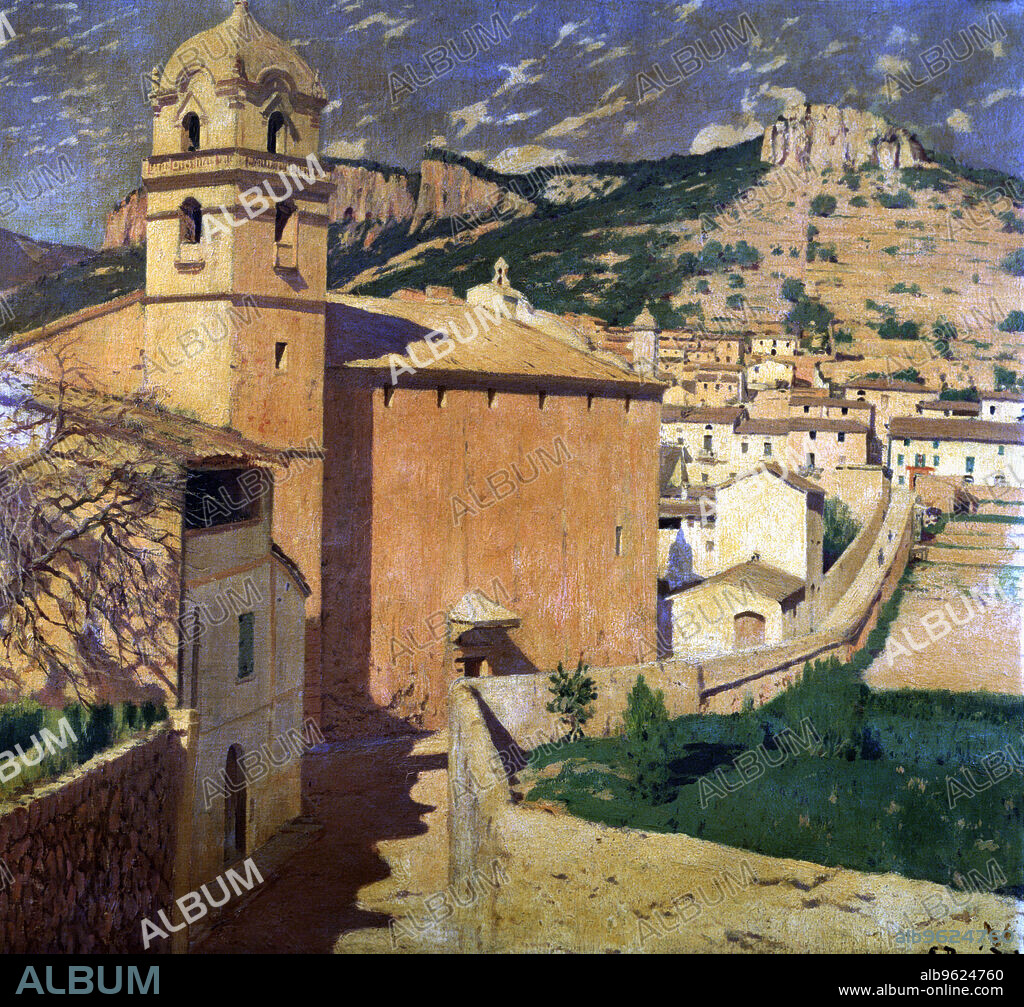 'Church of Bunyola', oil on canvas, 107 X 95 cm. Impressionist painting from the stage of painter in Majorca.